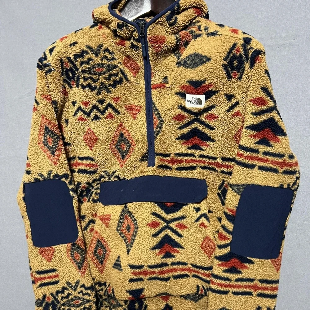 The North Face Jacket Mens XL Yellow Fleece Hooded 1/4 Zip Aztec Print Anorak